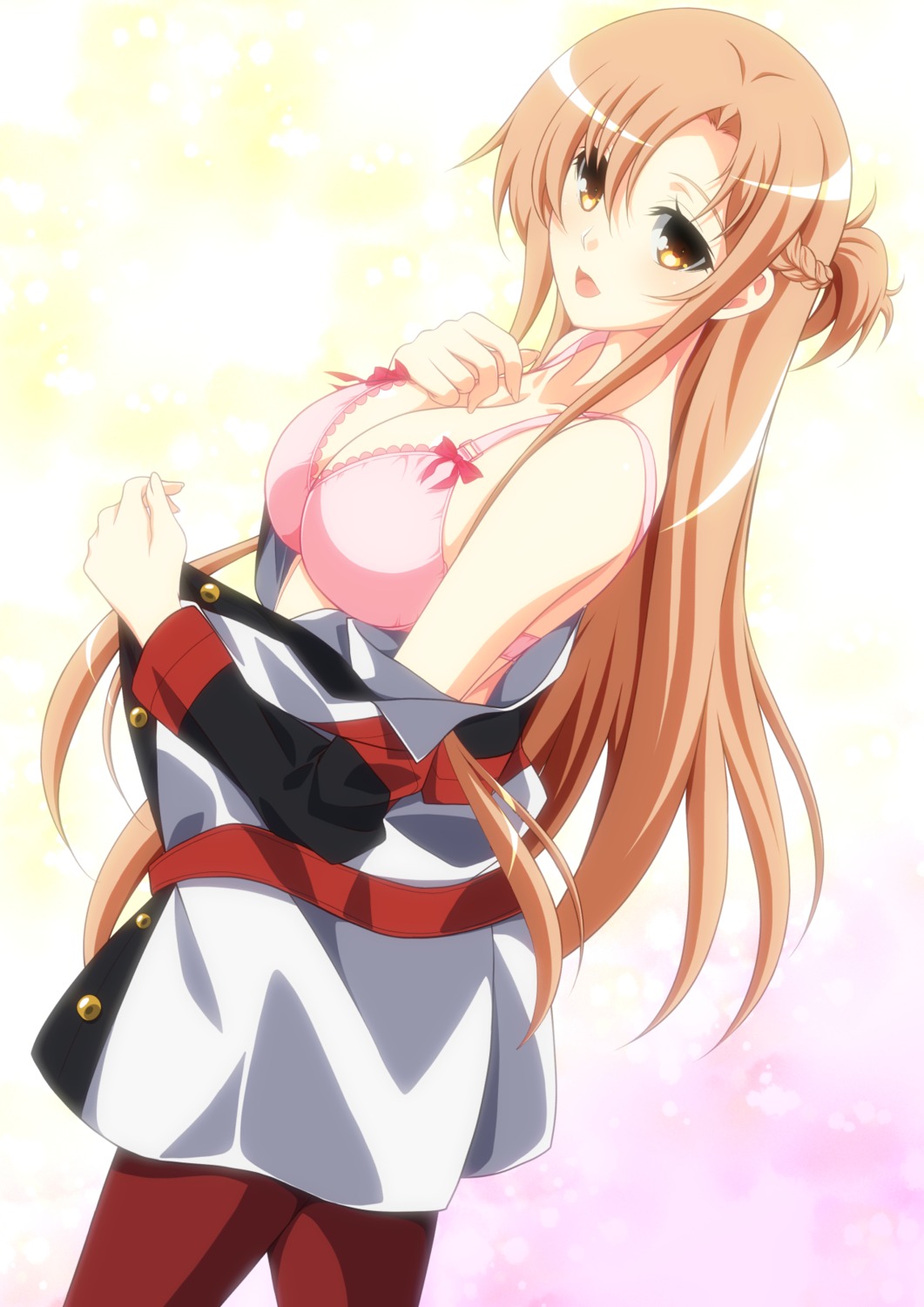 asuna_(sword_art_online) bra breast_hold cleavage ka2 open_shirt pantyhose sword_art_online undressing