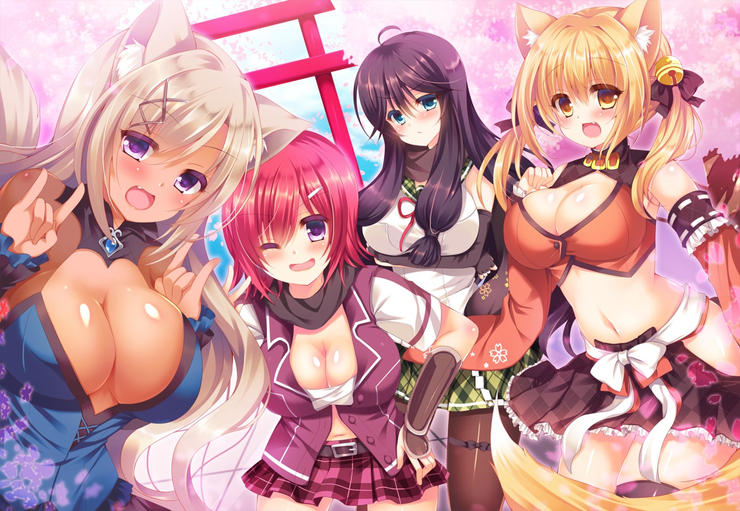 animal_ears breast_hold cleavage open_shirt pantyhose sakura_spirit sarashi seifuku suzunone_rena tail thighhighs