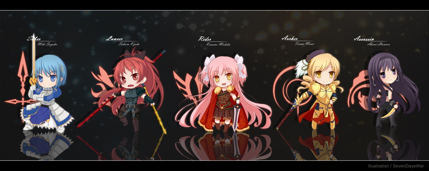 akemi_homura assassin_(fate/zero) chibi fate/stay_night fate/zero gilgamesh_(fsn) kaname_madoka lancer_(fate/zero) miki_sayaka parody puella_magi_madoka_magica rider_(fate/zero) saber sakura_kyouko sevendayswar sword tomoe_mami