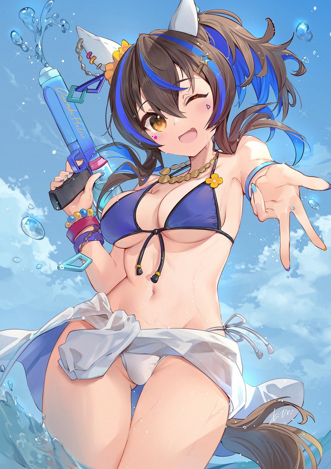 animal_ears bikini daitaku_helios_(umamusume) gun kita_(kitairoha) see_through swimsuits tail uma_musume_pretty_derby wet wet_clothes