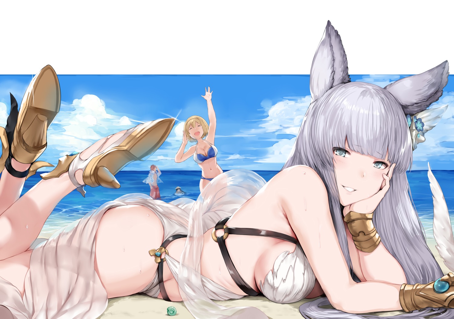 animal_ears bikini cleavage djeeta_(granblue_fantasy) granblue_fantasy heels hews korwa lunaru_(granblue_fantasy) percival_(granblue_fantasy) swimsuits tail wet