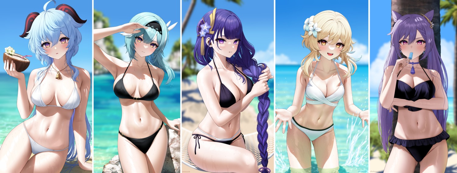 bikini eula ganyu genshin_impact horns keqing kohanayuki lumine raiden_shogun swimsuits wet