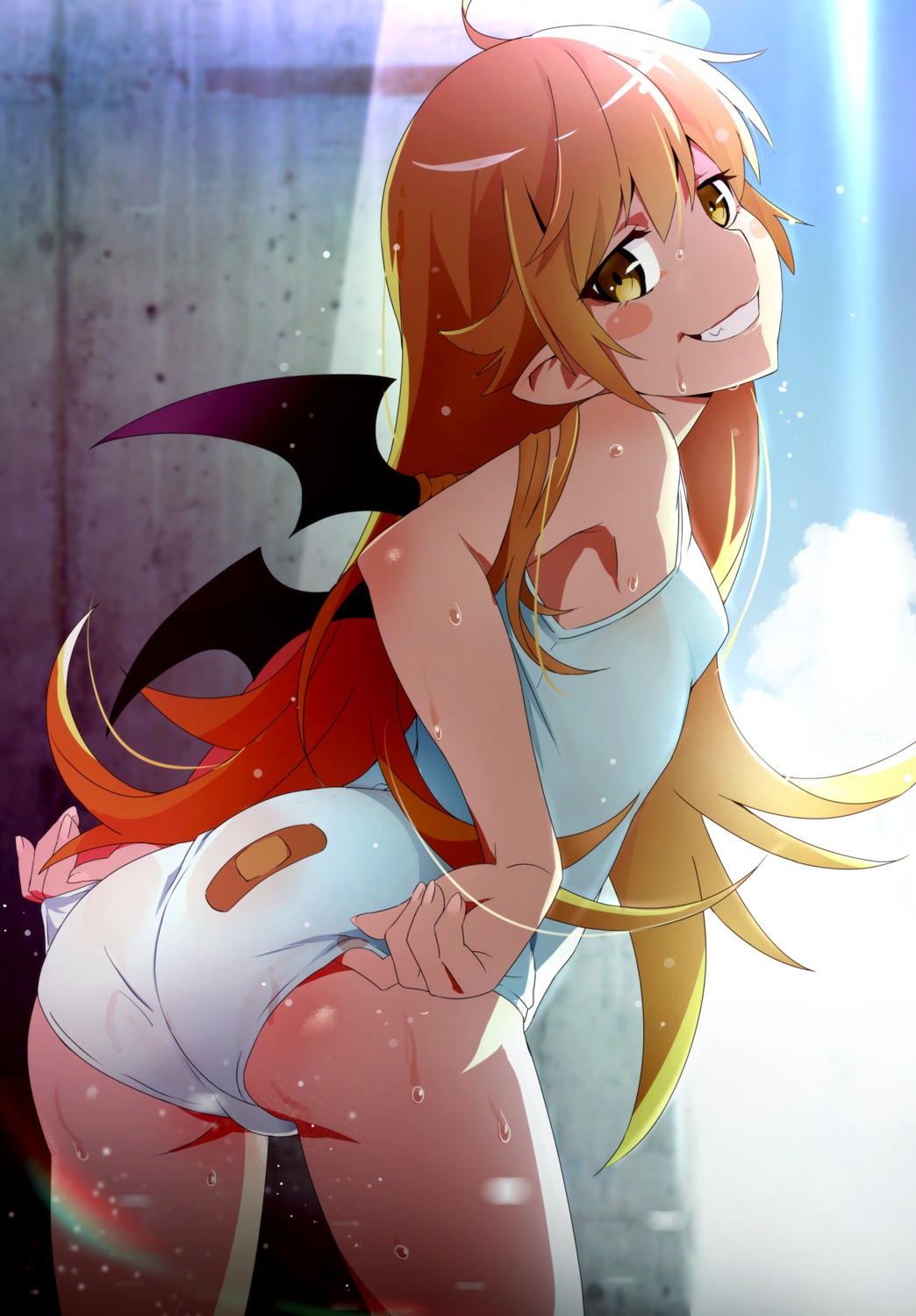 ass bakemonogatari bandaid gesugesu_ahoaho kizumonogatari loli monogatari_(series) nekomonogatari oshino_shinobu pointy_ears school_swimsuit swimsuits wet wings