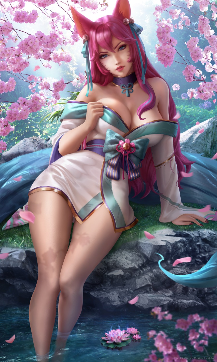 ahri animal_ears japanese_clothes kitsune league_of_legends no_bra open_shirt tail wet wickellia