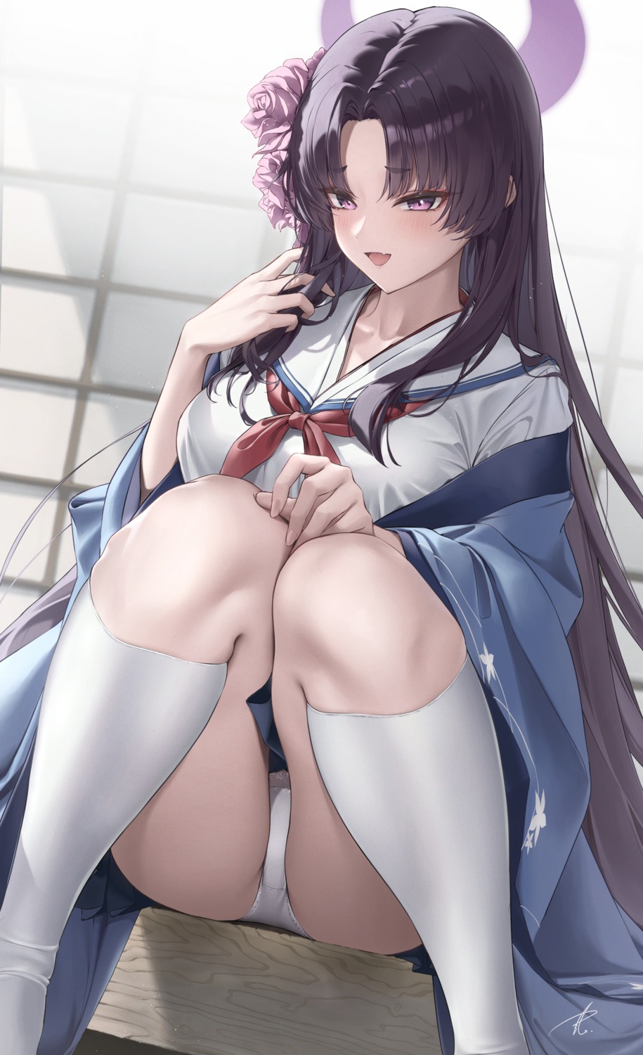 blue_archive halo japanese_clothes kadenokouji_yukari pantsu seifuku skirt_lift thong yabacha