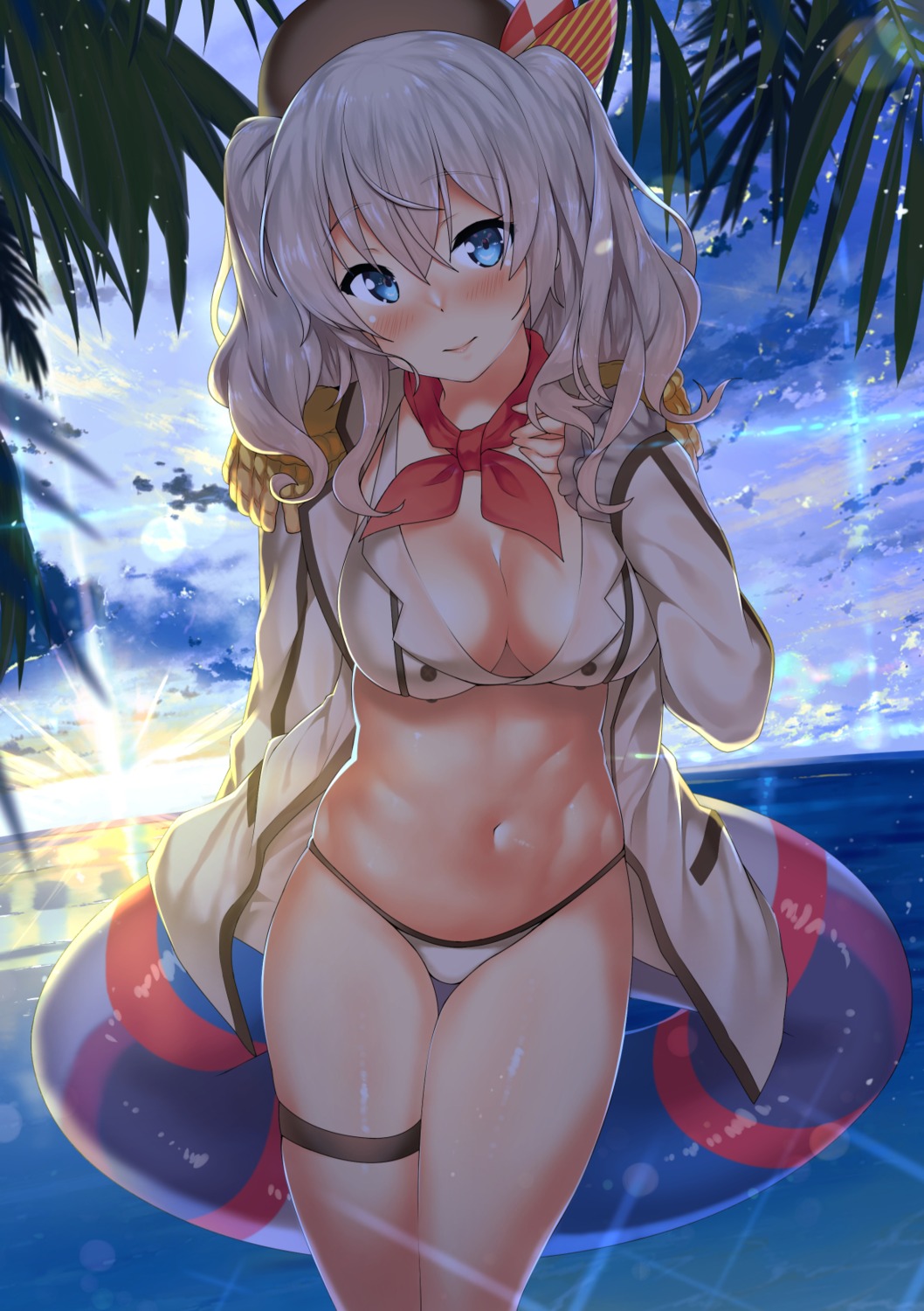 bikini cleavage garter kantai_collection kashima_(kancolle) kawai open_shirt swimsuits