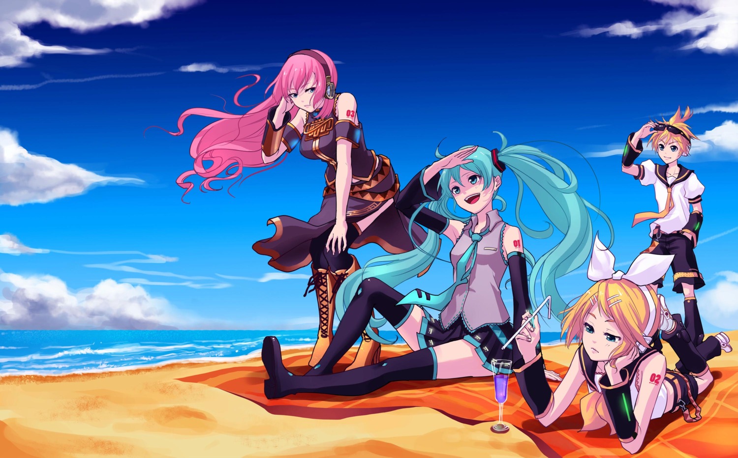 hatsune_miku headphones heels kagamine_len kagamine_rin megane megurine_luka renyu1012 tattoo thighhighs vocaloid