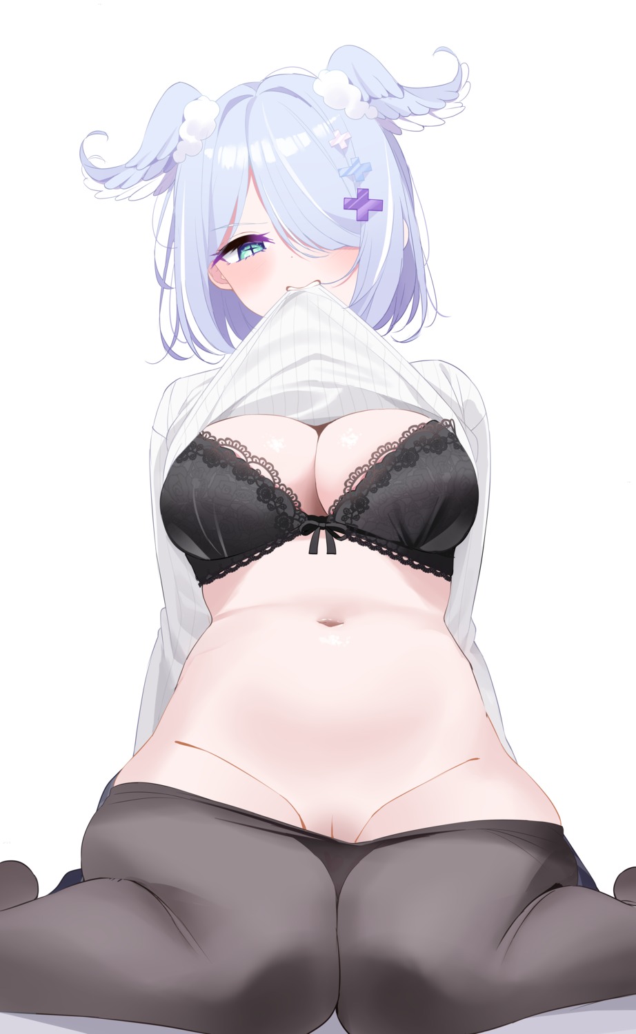 bra deyui elira_pendora nijisanji nijisanji_en nopan pantyhose pussy shirt_lift sweater uncensored wings