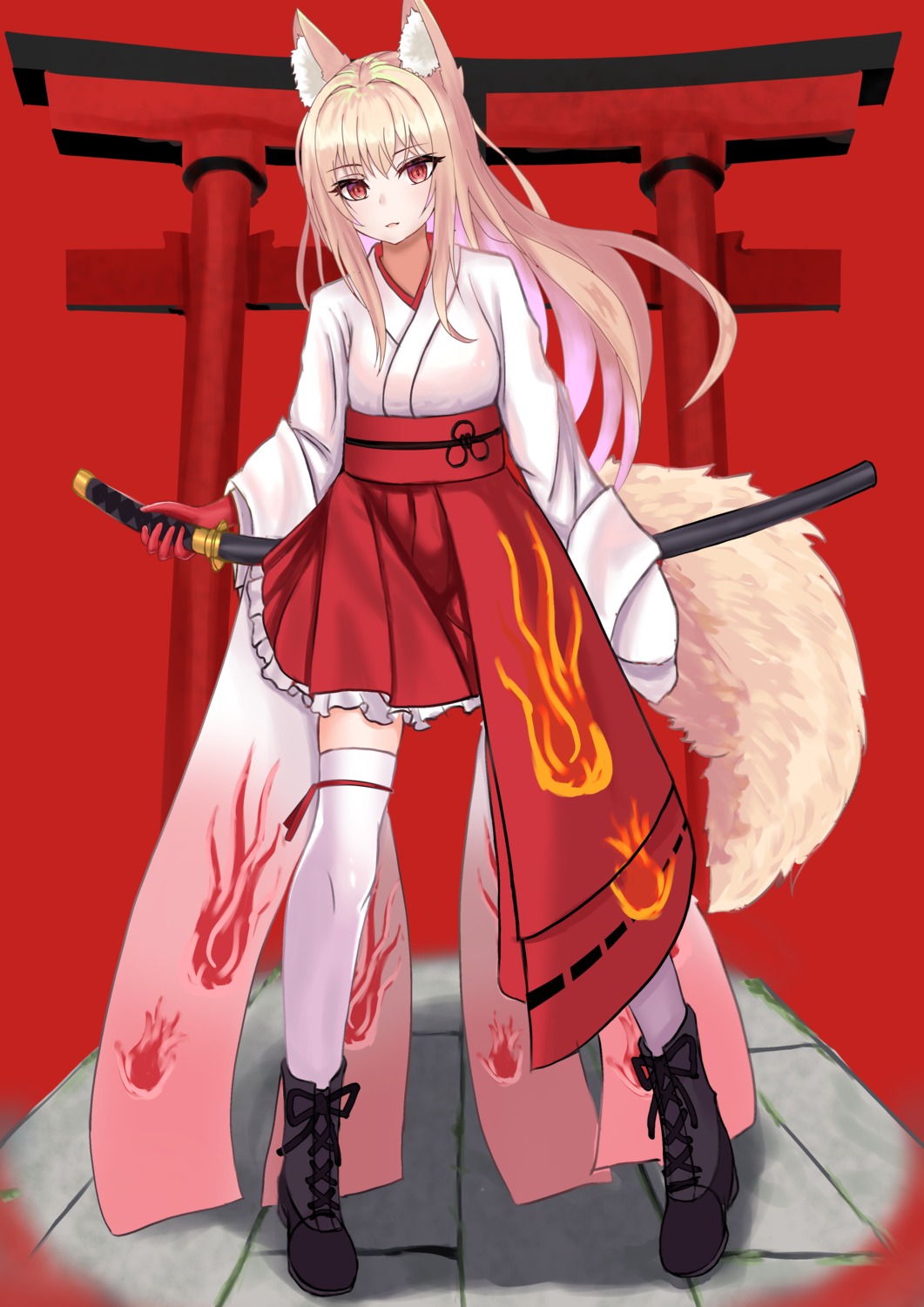animal_ears kitsune miko sword tail thighhighs tsuyusora