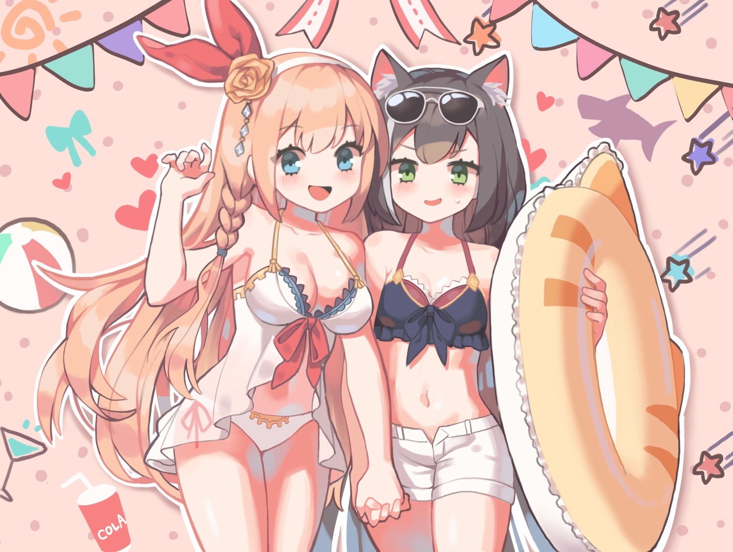 animal_ears bikini bikini_top cleavage karyl_(princess_connect) megane nekomimi pecorine princess_connect princess_connect!_re:dive see_through swimsuits yareen yuri