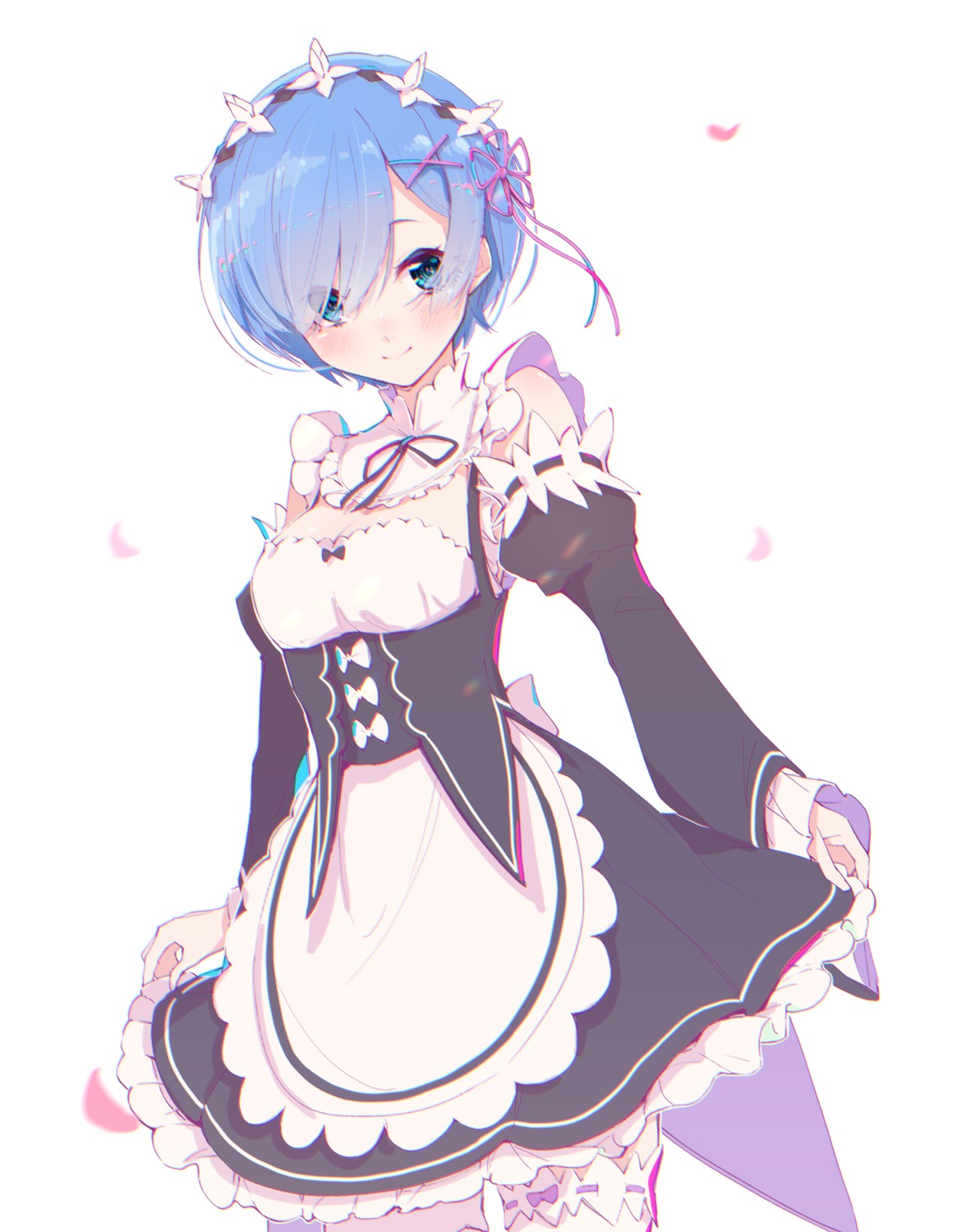 aozora_saishiki cleavage maid re_zero_kara_hajimeru_isekai_seikatsu rem_(re_zero) skirt_lift thighhighs