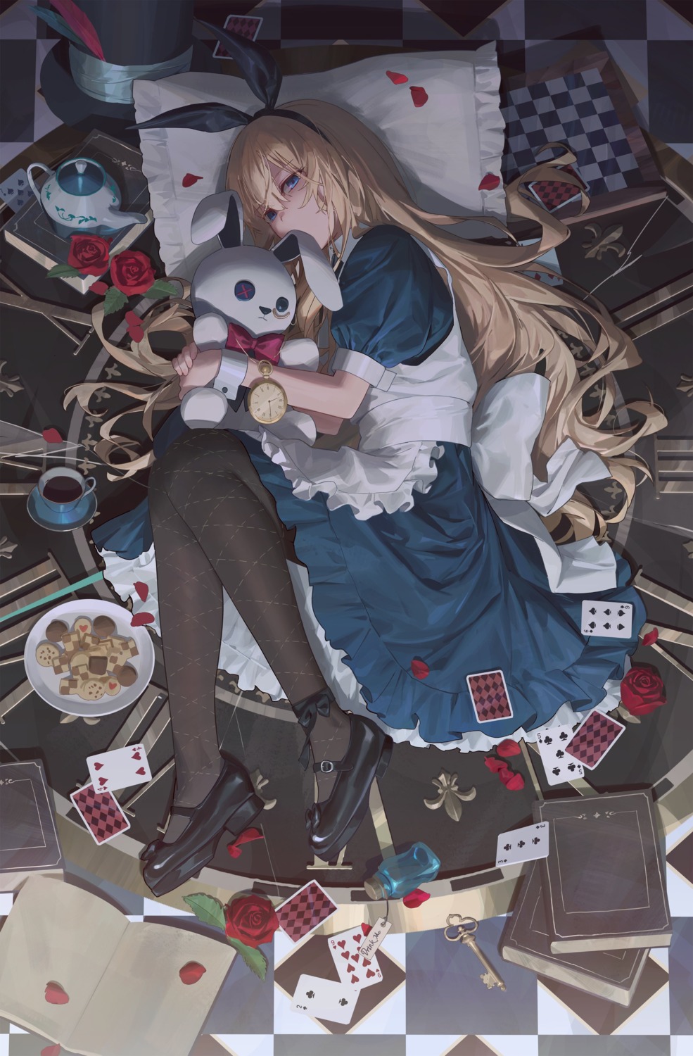 alice alice_in_wonderland dress free_style_(yohan1754) pantyhose skirt_lift