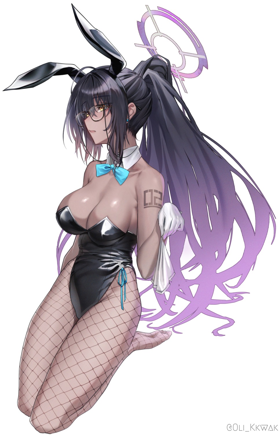 animal_ears blue_archive bunny_ears bunny_girl fishnets halo kakudate_karin megane no_bra oli_kkwak pantyhose tattoo