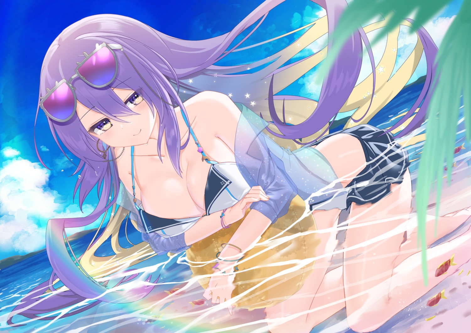 bikini hololive hololive_indonesia megane moona_hoshinova nyori open_shirt see_through swimsuits wet