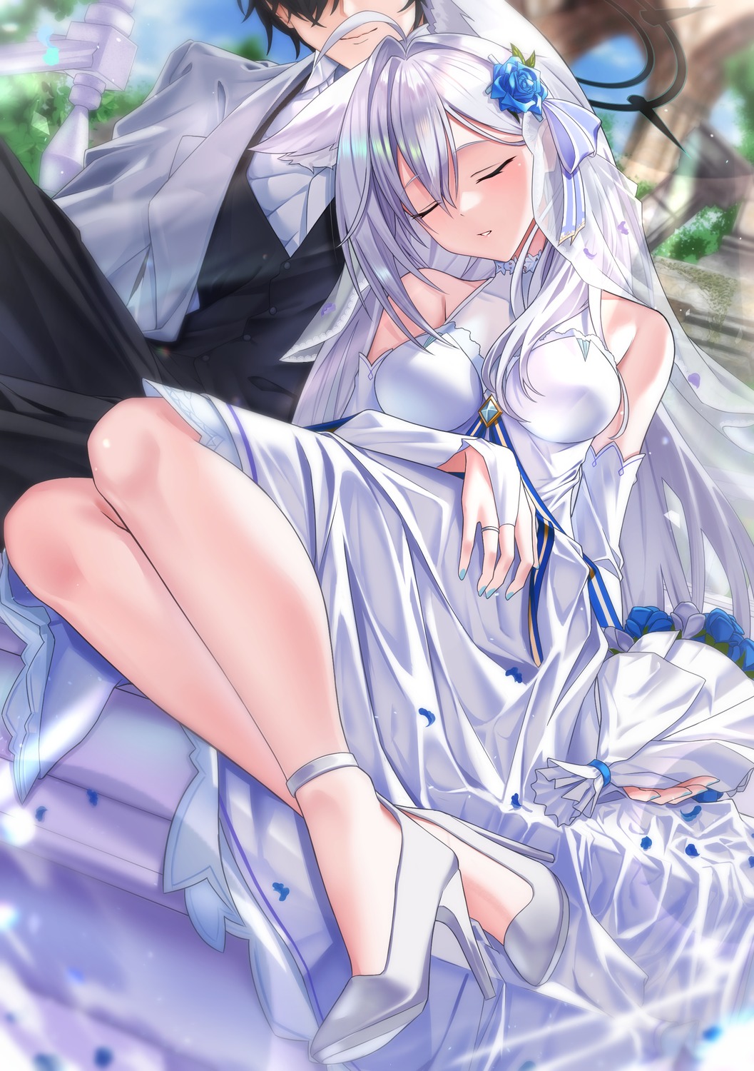 animal_ears apple_t_(ringotyasan) blue_archive business_suit dress halo heels nekomimi see_through shiroko_terror sunaookami_shiroko wedding_dress