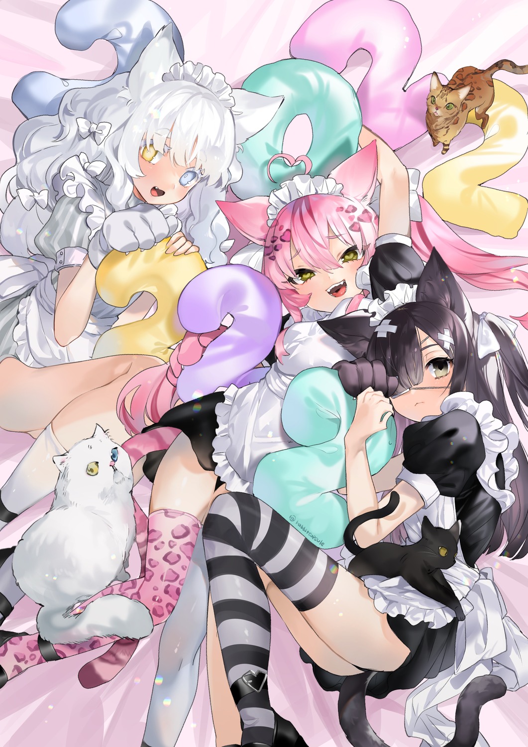 aano_(10bit) animal_ears eyepatch heterochromia maid neko nekomimi tail thighhighs