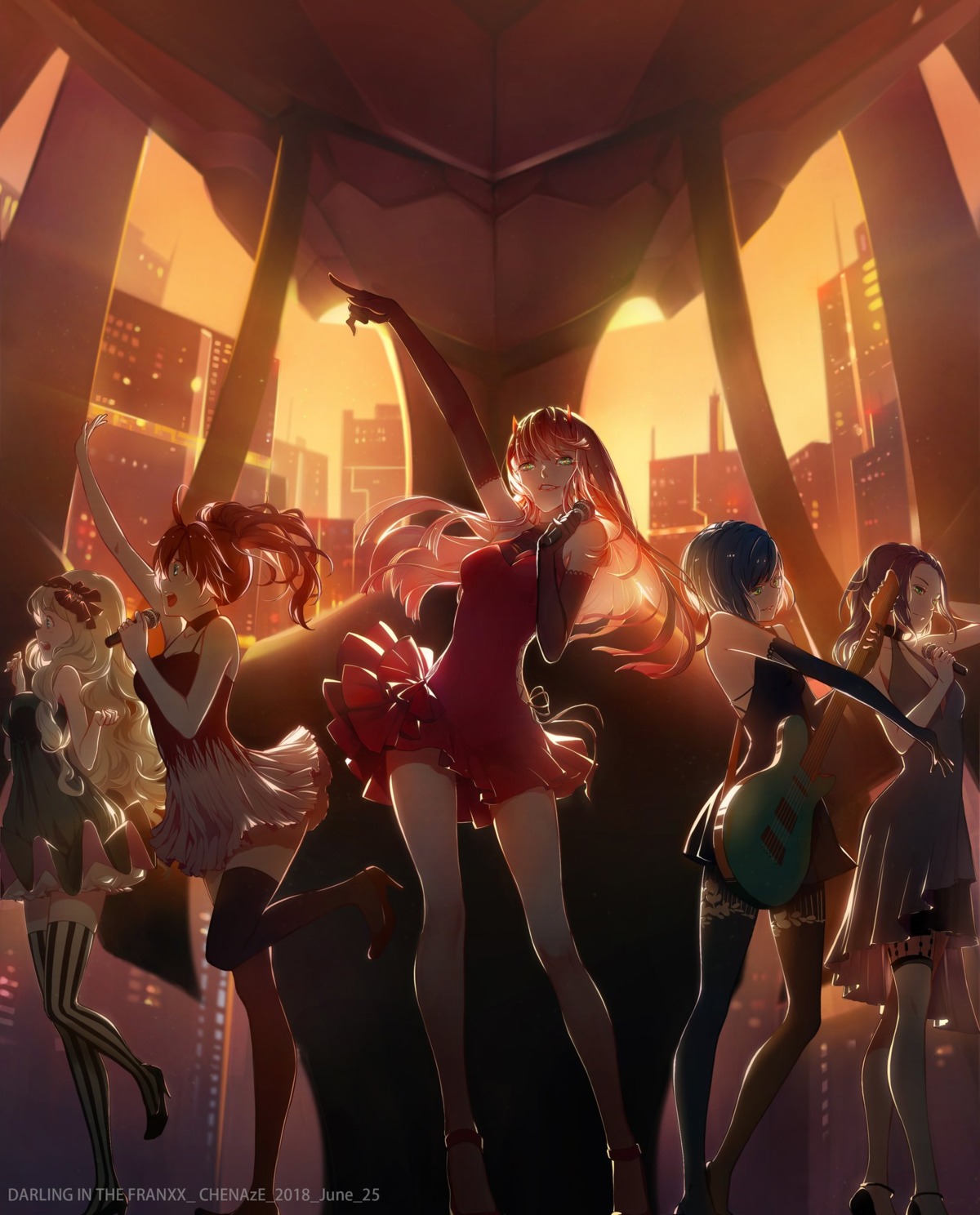 chenaze57 cleavage darling_in_the_franxx dress guitar heels horns ichigo_(darling_in_the_franxx) ikuno_(darling_in_the_franxx) kokoro_(darling_in_the_franxx) miku_(darling_in_the_franxx) strelizia thighhighs zero_two_(darling_in_the_franxx)
