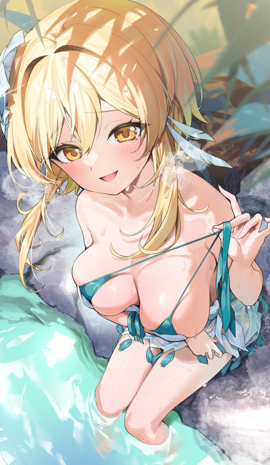 bikini genshin_impact itohana lumine see_through swimsuits undressing wet wet_clothes