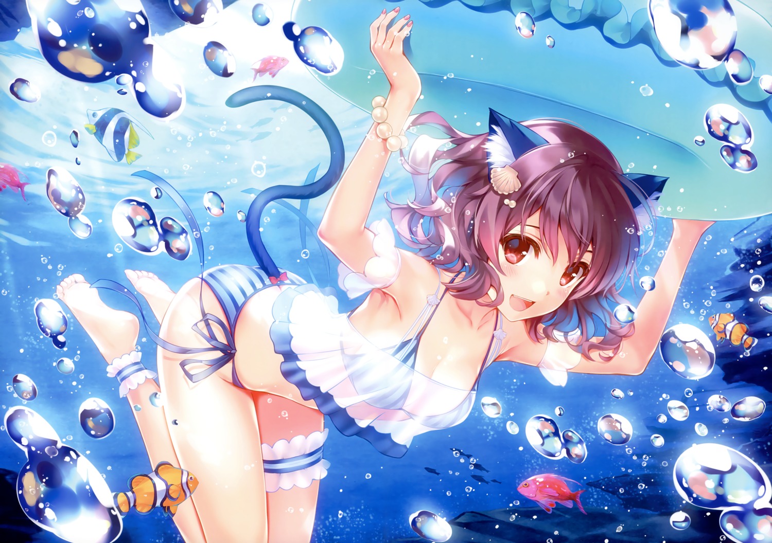 animal_ears bikini cleavage garter misaki_kurehito nekomimi see_through swimsuits tail