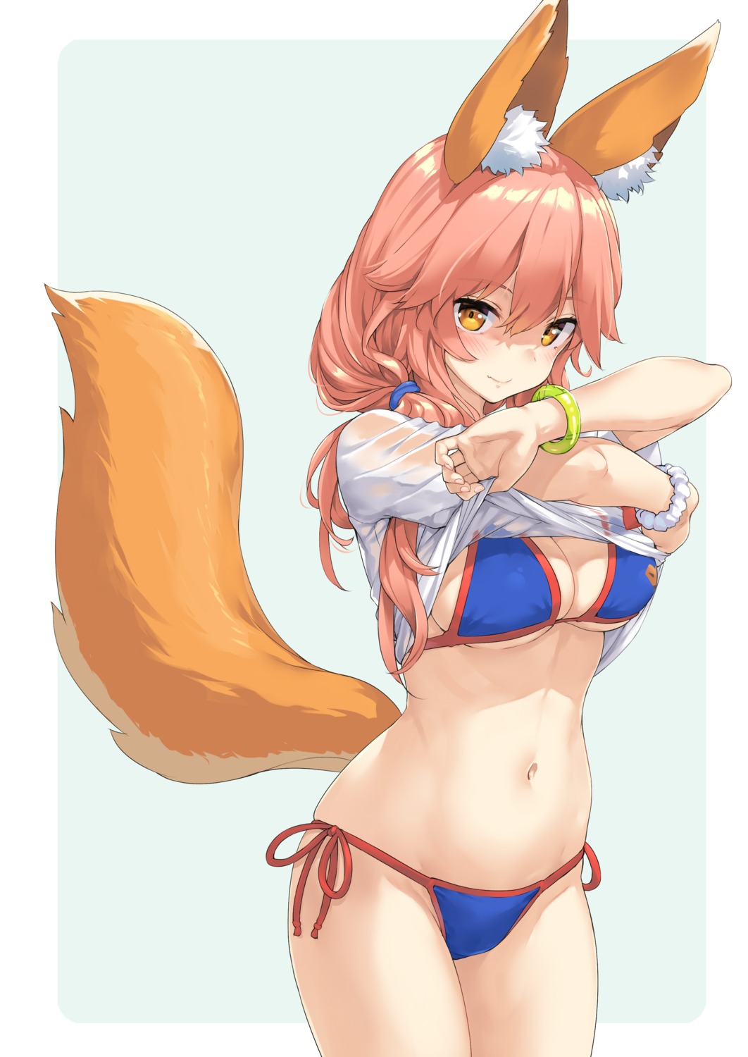 animal_ears bikini fate/grand_order kitsune see_through shirt_lift swimsuits tail takayaki tamamo_no_mae undressing wet_clothes