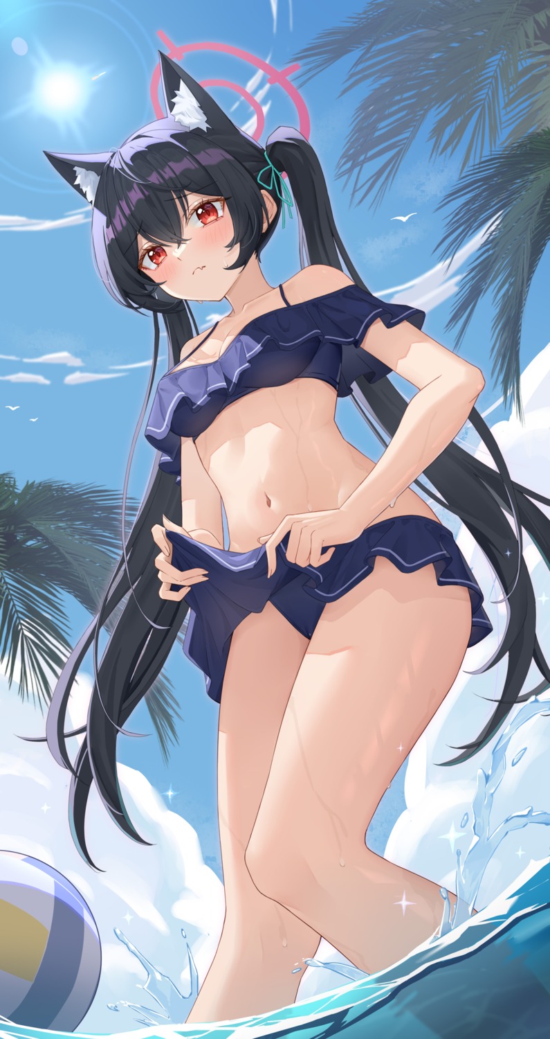 animal_ears bikini blue_archive cameltoe halo huahu_(unstoppable) kuromi_serika nekomimi skirt_lift swimsuits wet