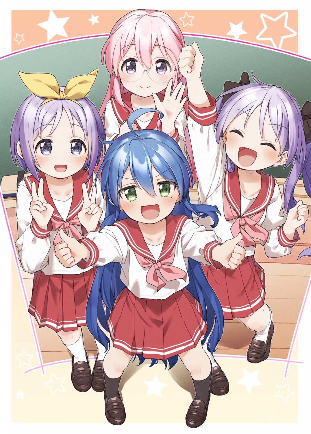 hiiragi_kagami hiiragi_tsukasa izumi_konata lucky_star megane seifuku tagme takara_miyuki yukie_(kusaka_shi)