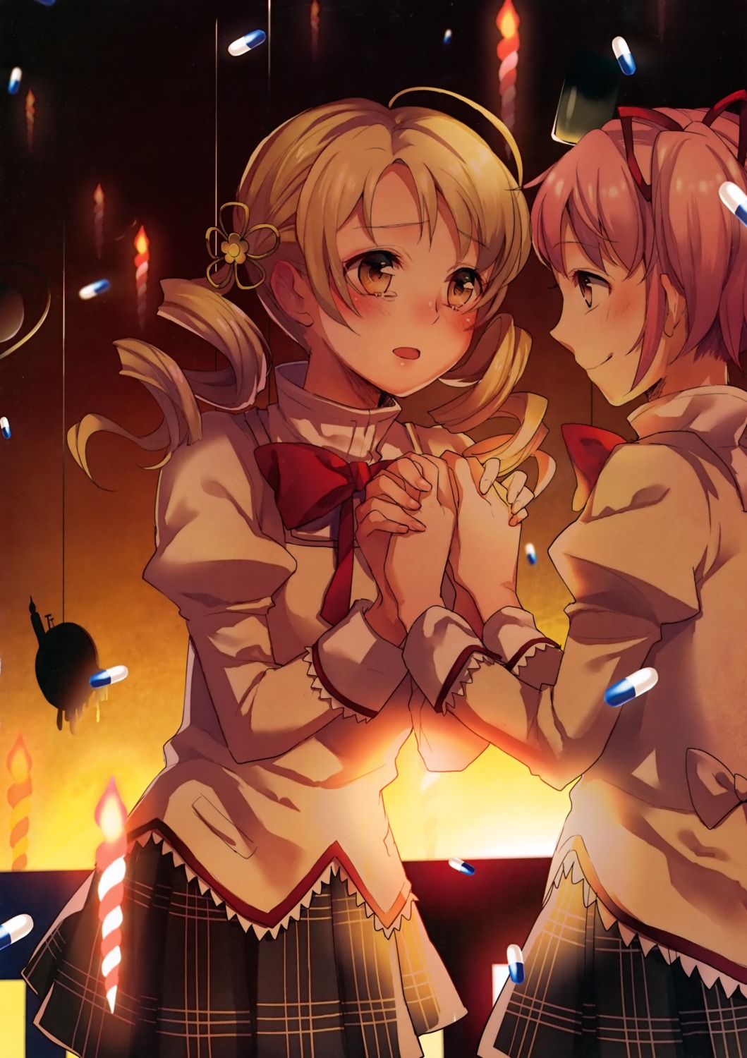 kaname_madoka mahou_shoujo_madoka_magica seifuku tomoe_mami yunco