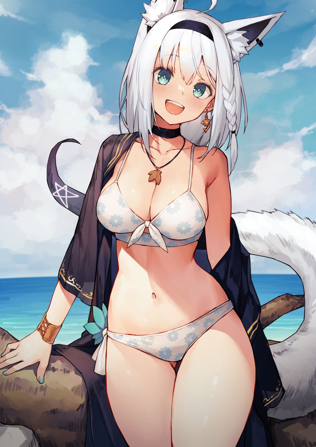 animal_ears bikini cleavage hololive hololive_gamers kitsune open_shirt shirakami_fubuki swimsuits sy4 tail