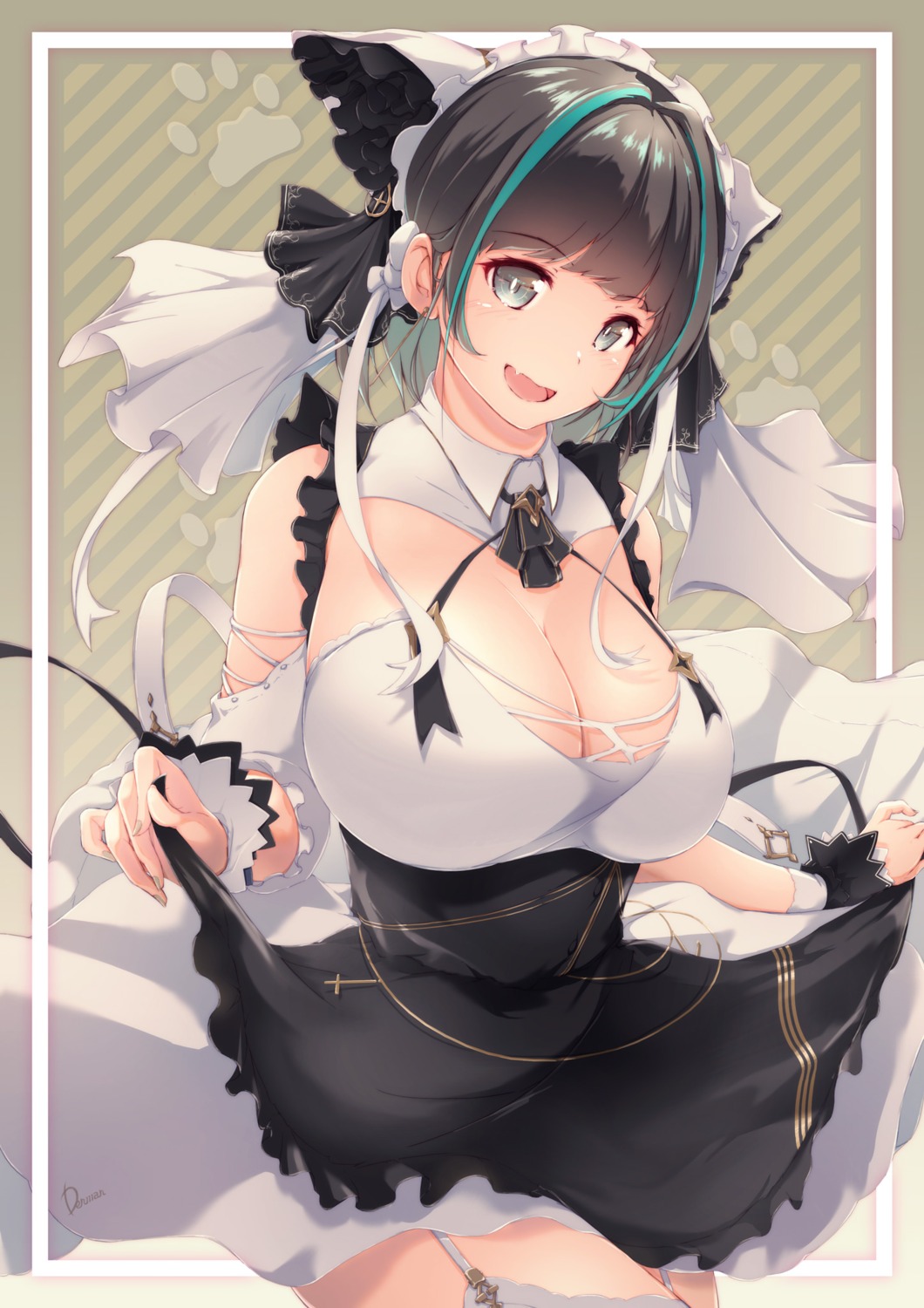 azur_lane cheshire_(azur_lane) cleavage dermar maid skirt_lift stockings thighhighs