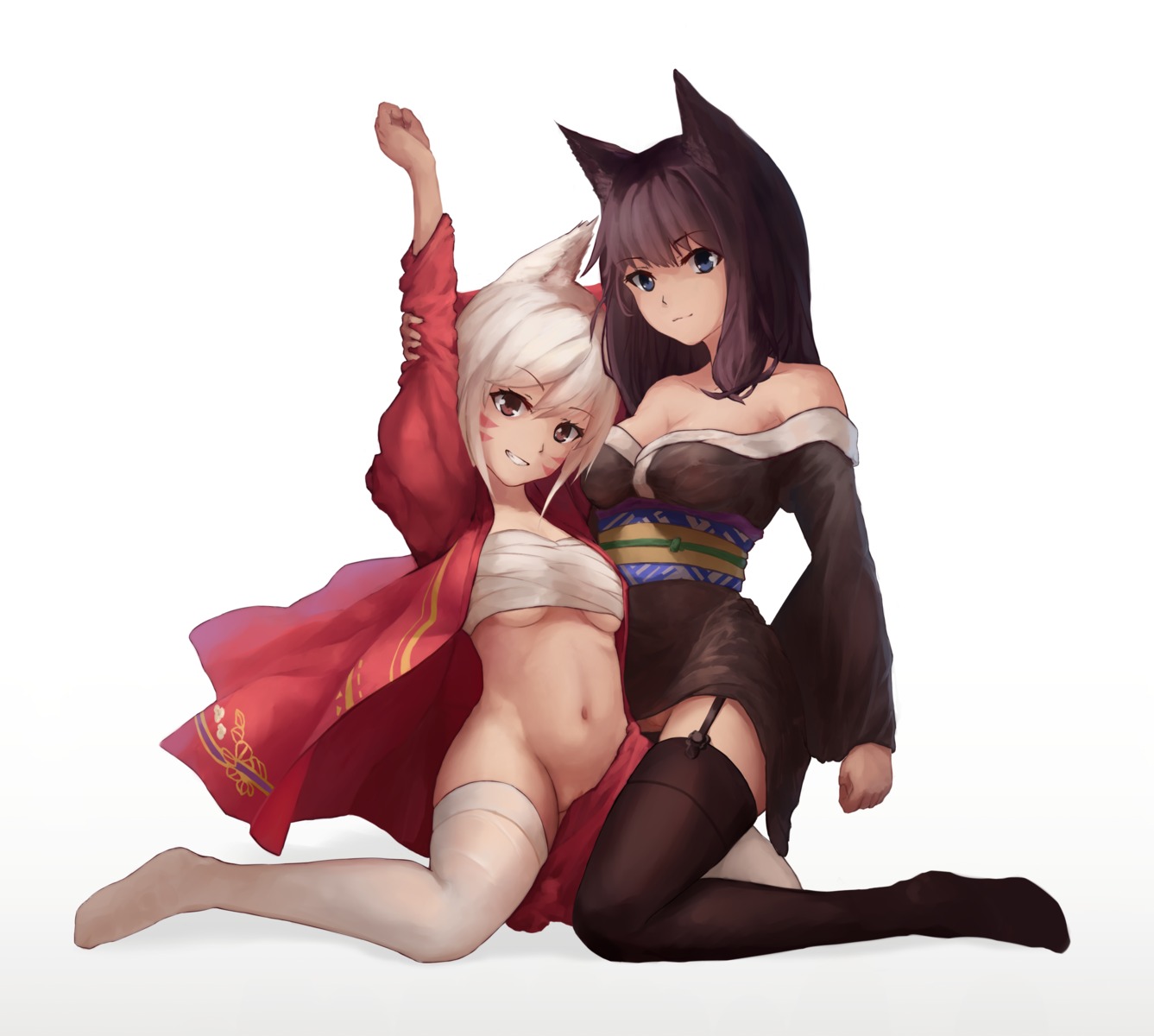 animal_ears bottomless cleavage final_fantasy final_fantasy_xiv japanese_clothes no_bra nopan open_shirt pussy rodriguez_(kamwing) sarashi skirt_lift stockings thighhighs uncensored underboob