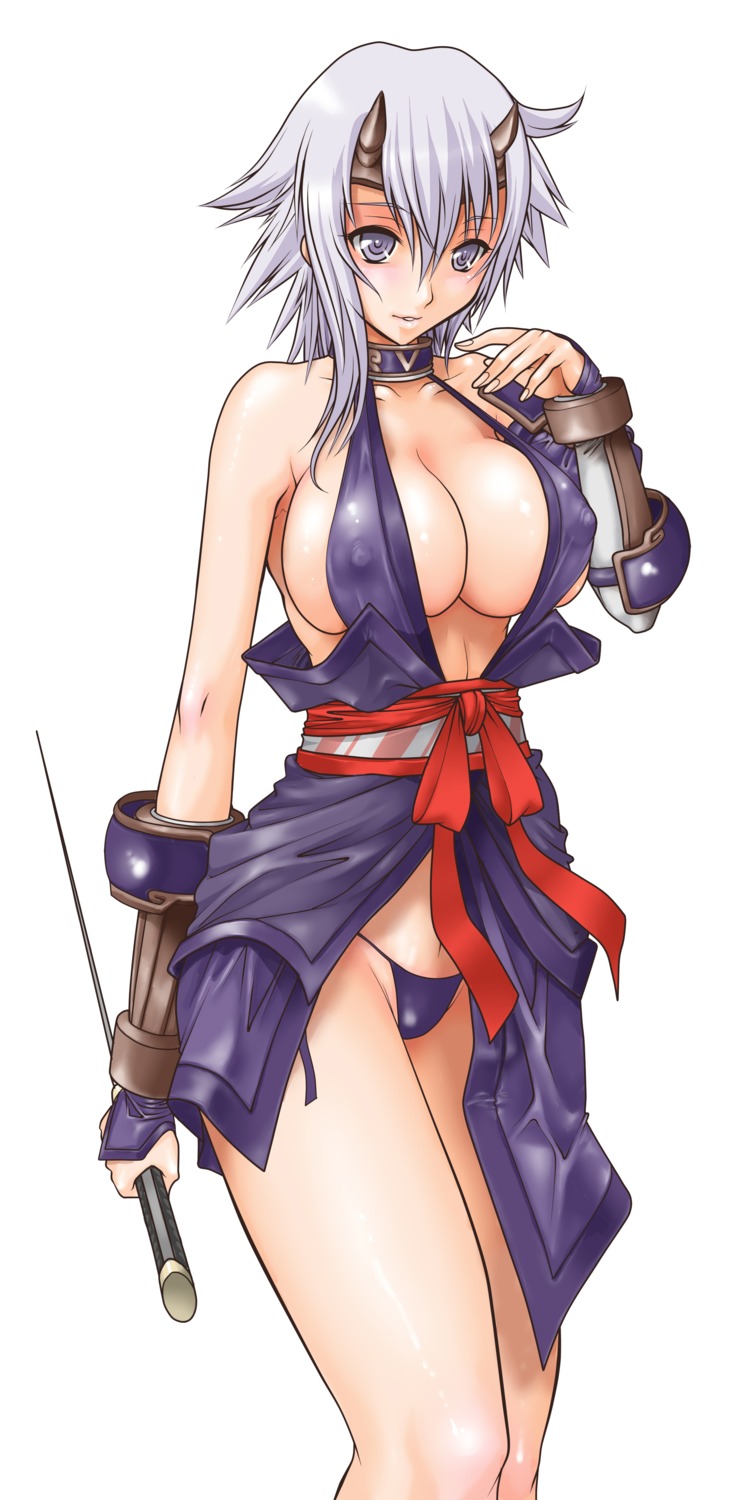 armor cleavage erect_nipples horns juubaori_mashumaro ninja no_bra pantsu queen's_blade shizuka sword