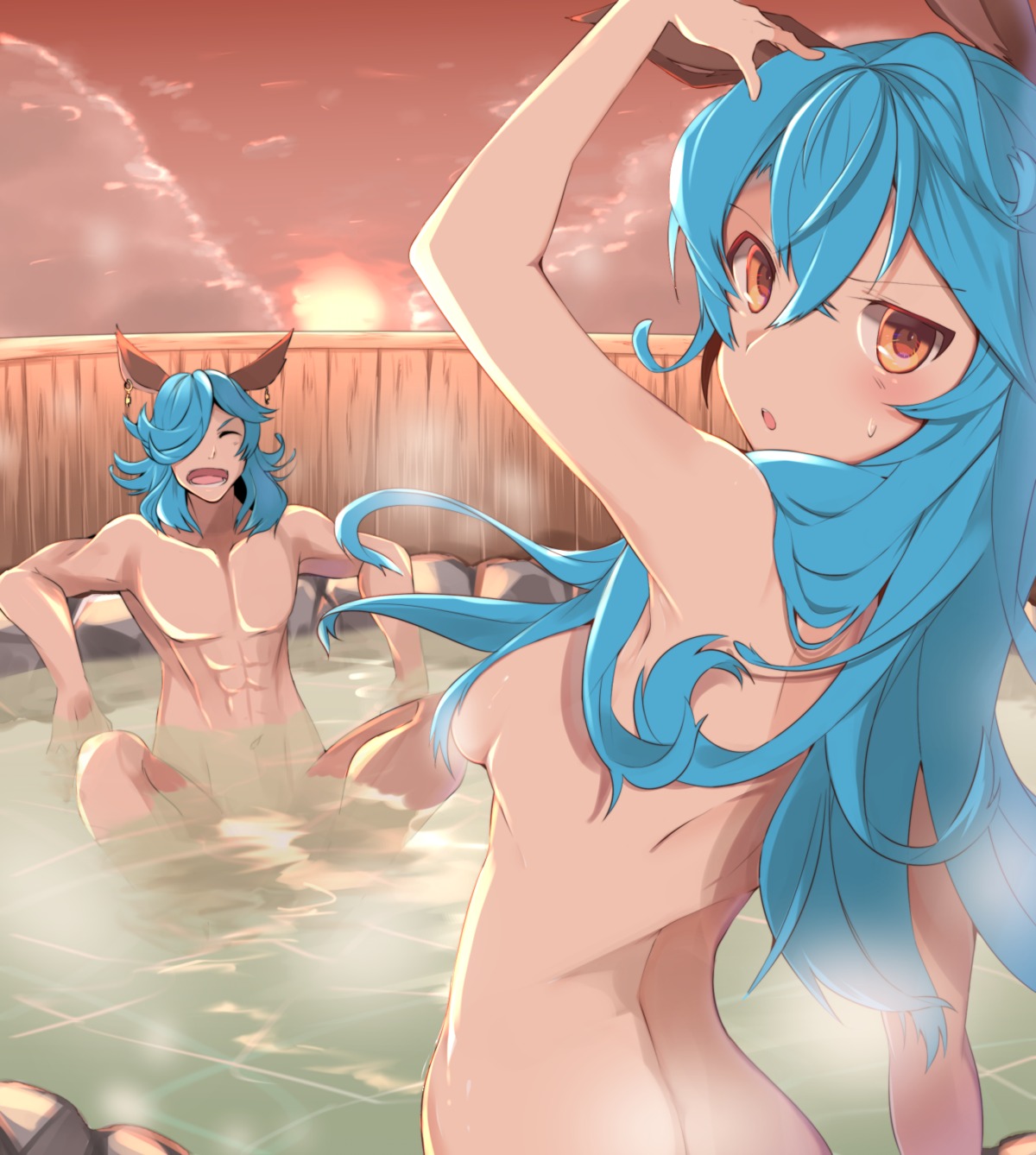 animal_ears bathing bunny_ears censored ferry_(granblue_fantasy) granblue_fantasy hiiragi_ken naked onsen wet