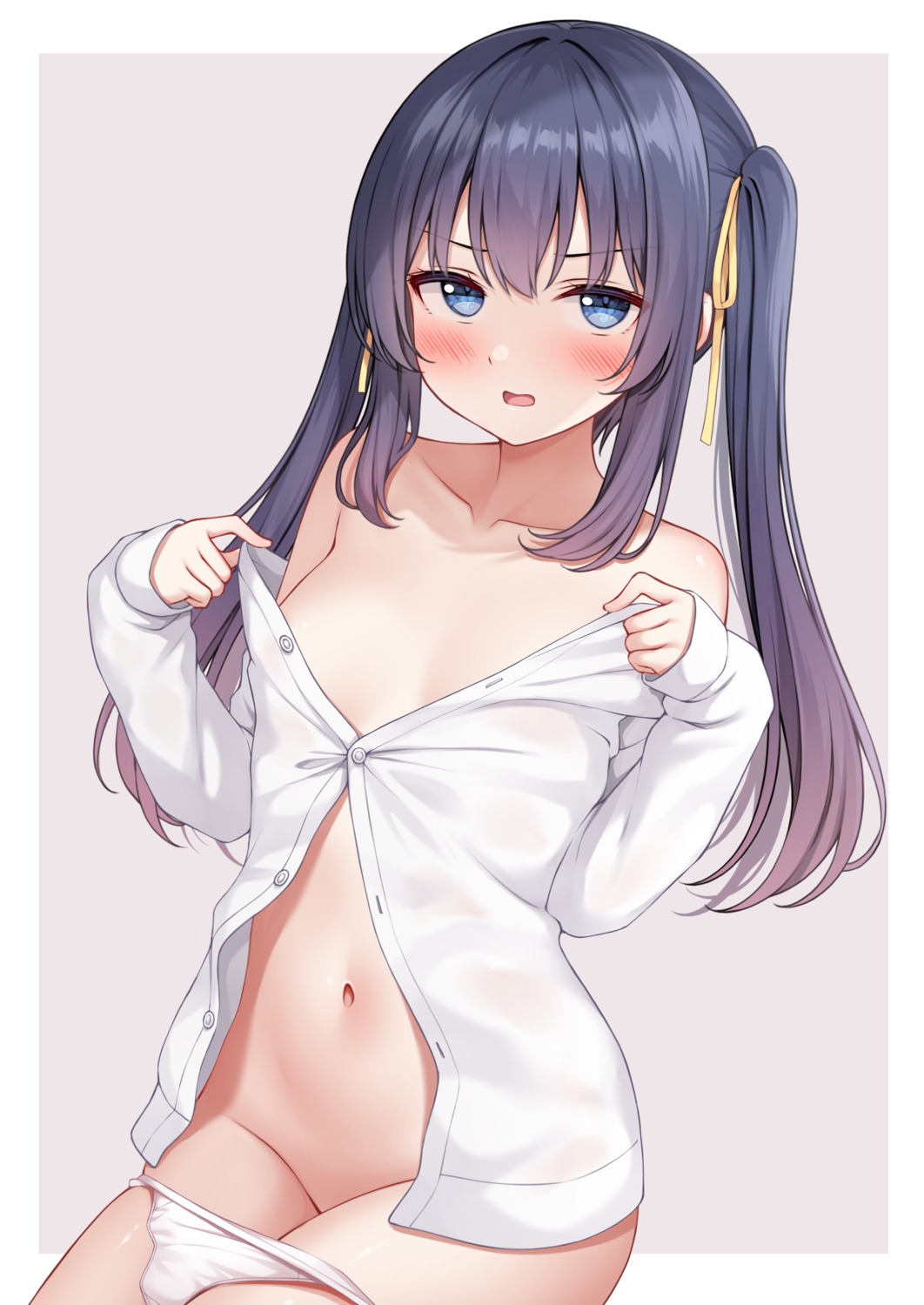 dress_shirt karutamo no_bra open_shirt pantsu panty_pull rakugaki-chan see_through undressing