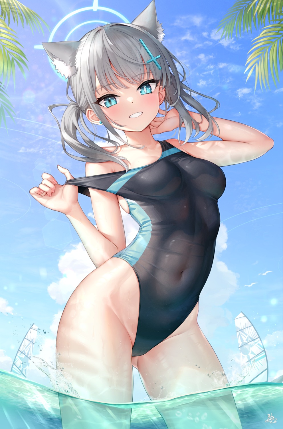 animal_ears blue_archive halo kep_(ahokep) nekomimi sunaookami_shiroko swimsuits undressing wet