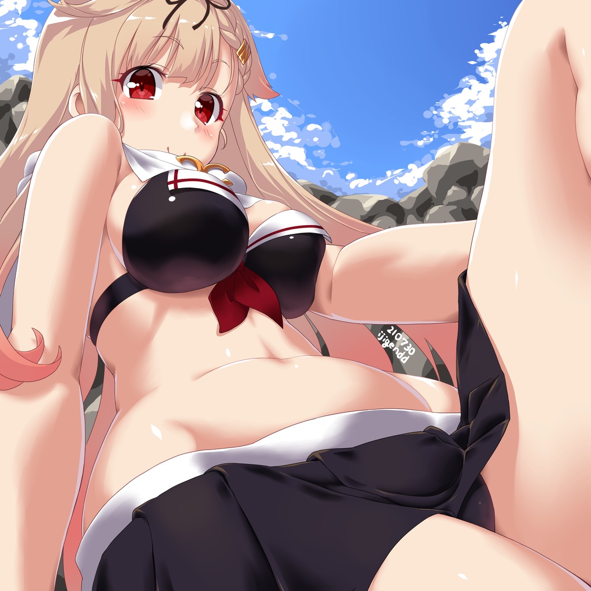 bikini dd_(ijigendd) kantai_collection skirt_lift swimsuits yuudachi_(kancolle)