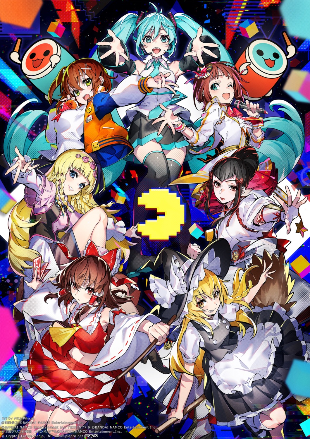 amami_haruka crossover denonbu hakurei_reimu hatsune_miku headphones hidaka_reina japanese_clothes kirisame_marisa mika_pikazo mishima_kazumi seifuku shirley_fennes skirt_lift taiko_no_tatsujin tales_of tales_of_legendia tekken the_idolm@ster thighhighs touhou vocaloid witch