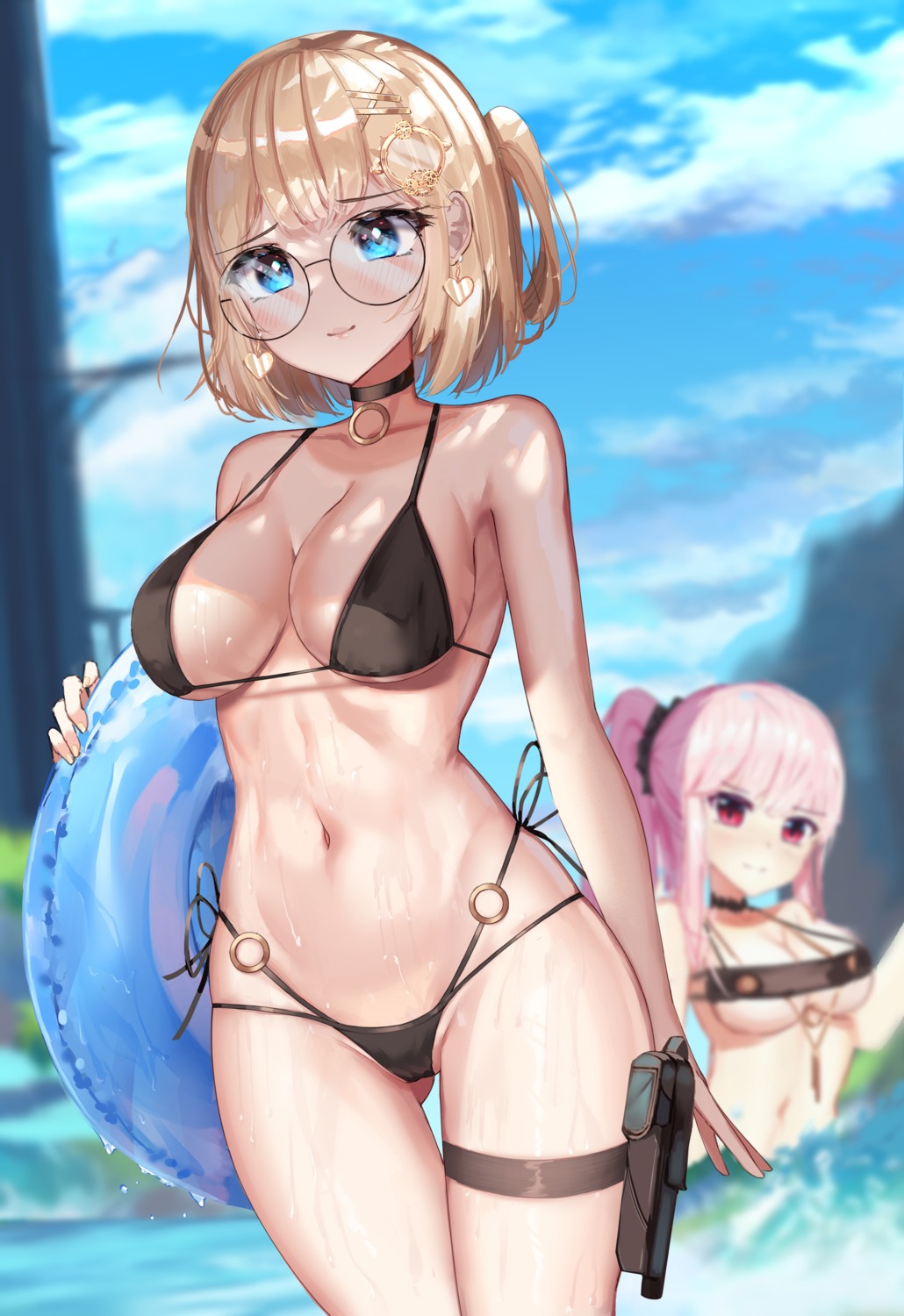 bikini bikini_top dayshiart garter hololive hololive_english megane mori_calliope swimsuits watson_amelia wet