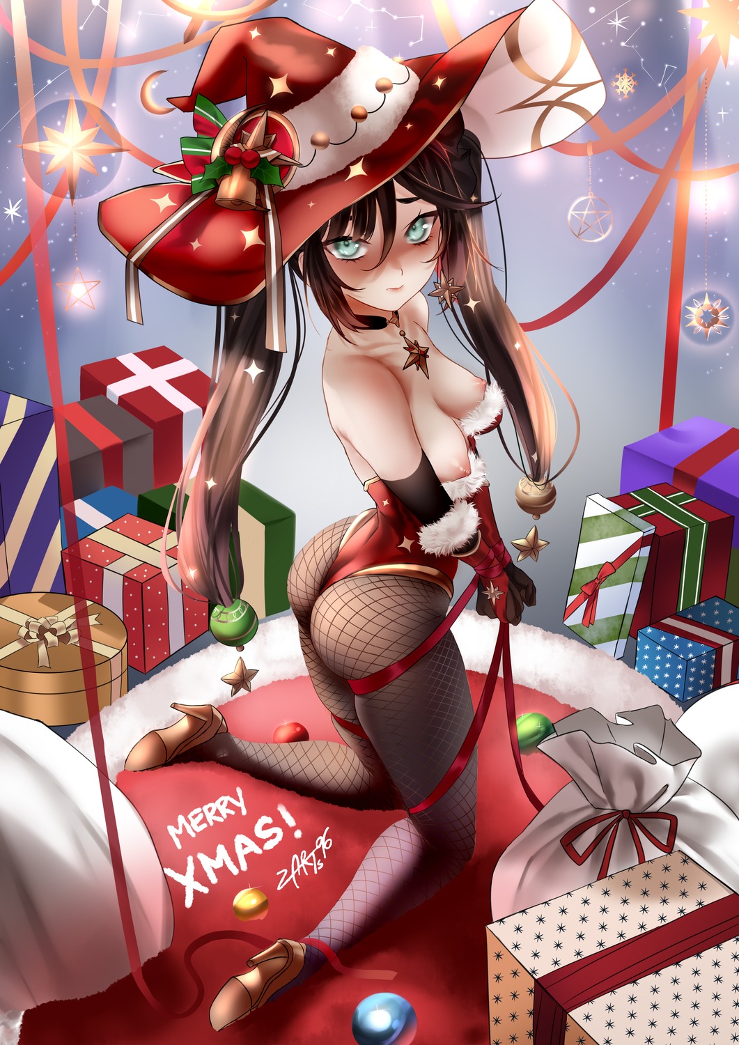 ass christmas fishnets genshin_impact heels leotard mona_megistus nipples no_bra thong witch zasshu