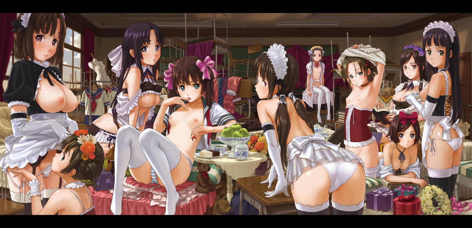 ass breasts garter garter_belt lingerie loli maid megane naruko_hanaharu nipples no_bra nopan open_shirt pantsu shimapan shoujo_material stockings string_panties thighhighs topless undressing yuri