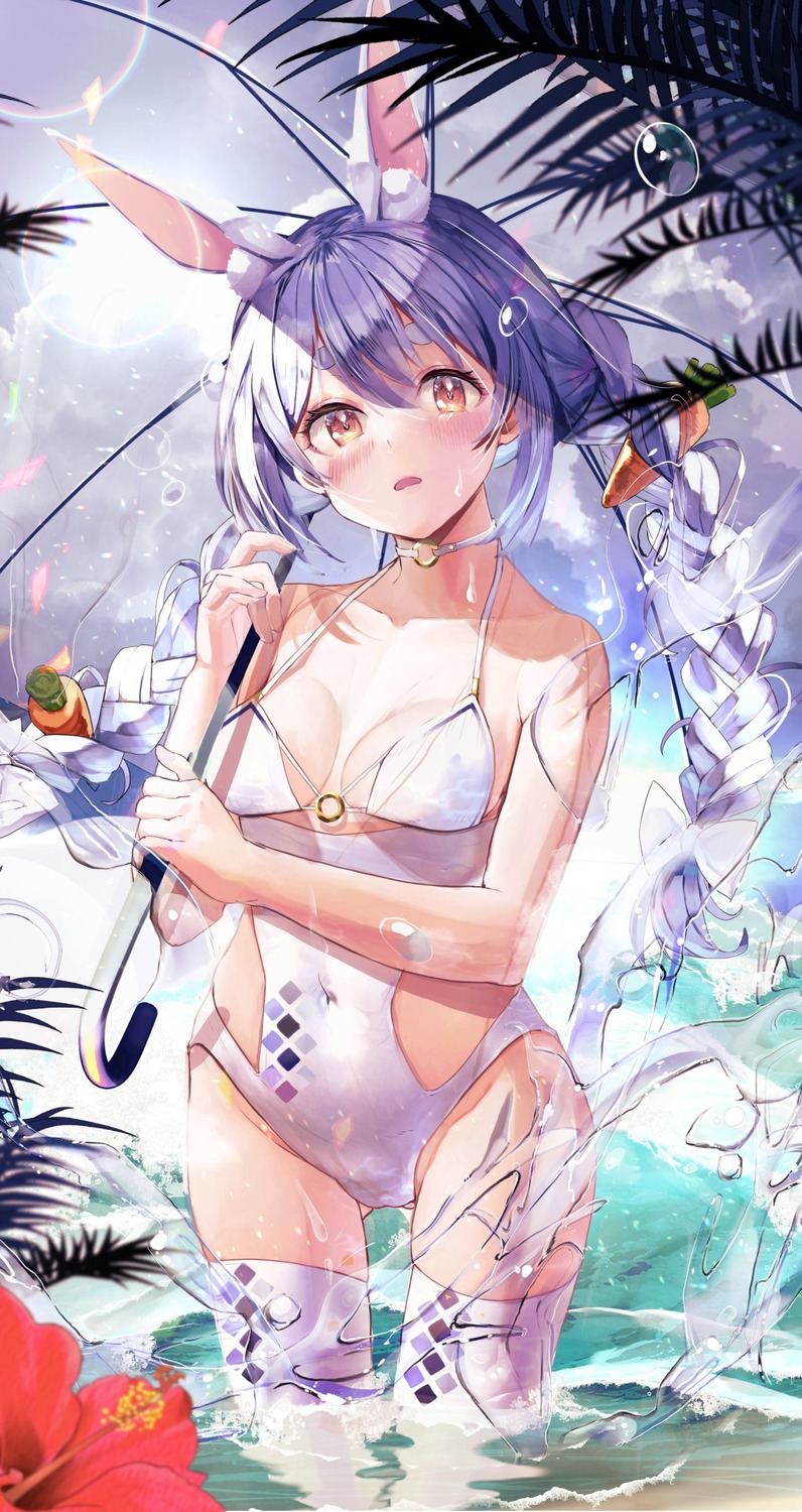 animal_ears bunny_ears haruhina_purple hololive swimsuits thighhighs umbrella usada_pekora wet