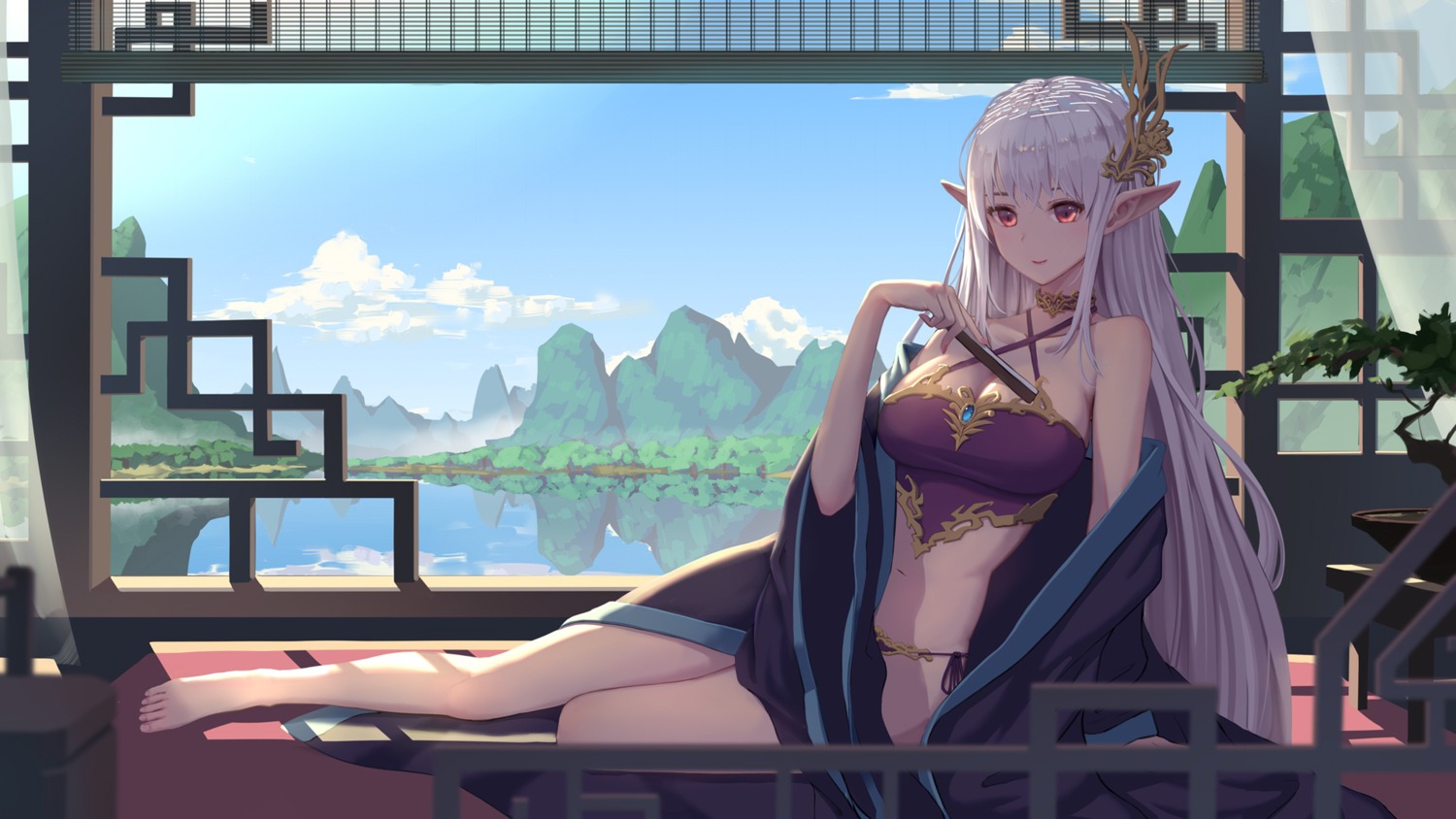 asian_clothes cleavage dylannn elf lingerie open_shirt pantsu pointy_ears string_panties wallpaper