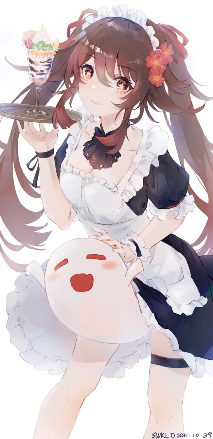 cleavage garter genshin_impact hu_tao maid skirt_lift swkl:d waitress