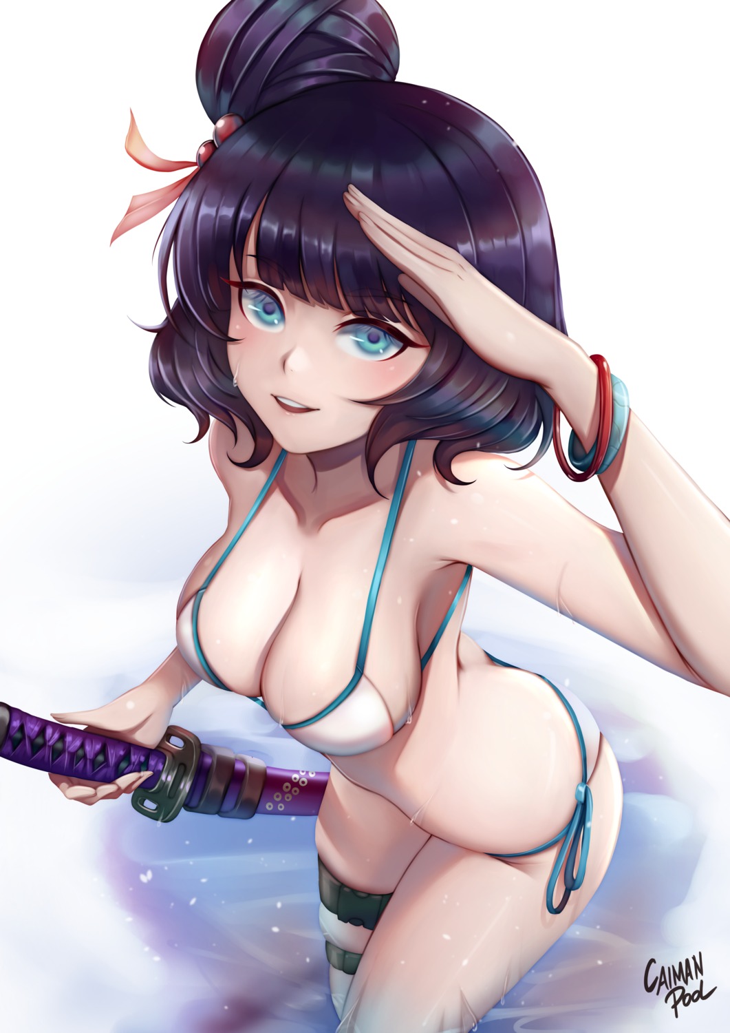 bikini caiman-pool fate/grand_order garter katsushika_hokusai_(fate) swimsuits sword wet