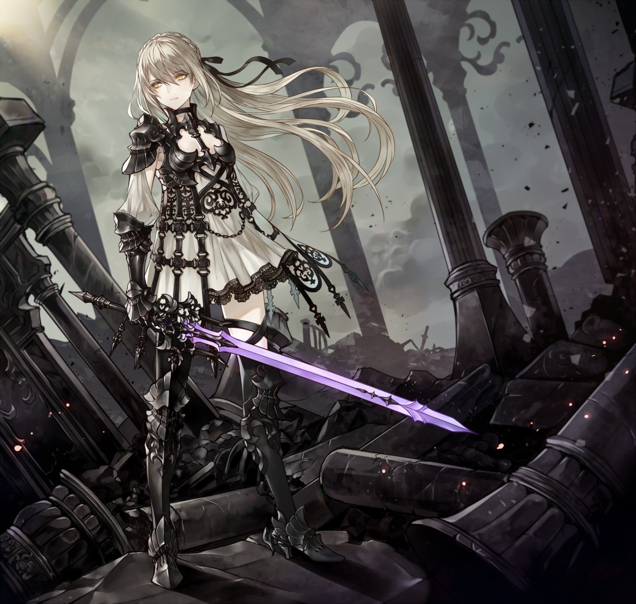 armor cleavage dress heels senano_yuu sword thighhighs