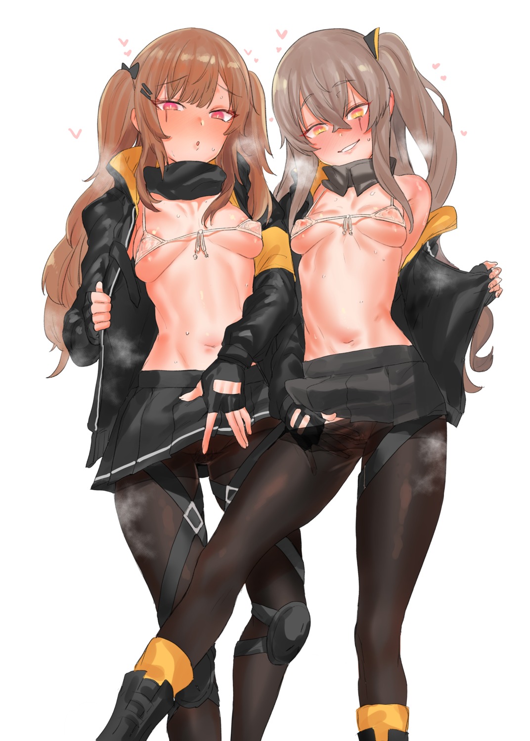 areola bikini_top erect_nipples girls_frontline nipples nopan open_shirt pantyhose pubic_hair pussy see_through skirt_lift suisogenshi swimsuits ump45_(girls_frontline) ump9_(girls_frontline) undressing yuri