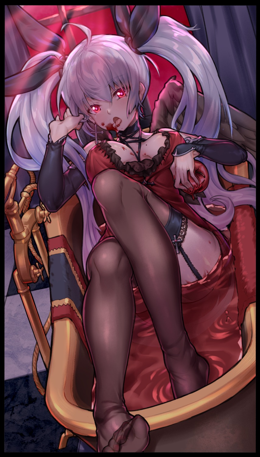 blood cleavage no_bra sirills skirt_lift stockings thighhighs wet wings