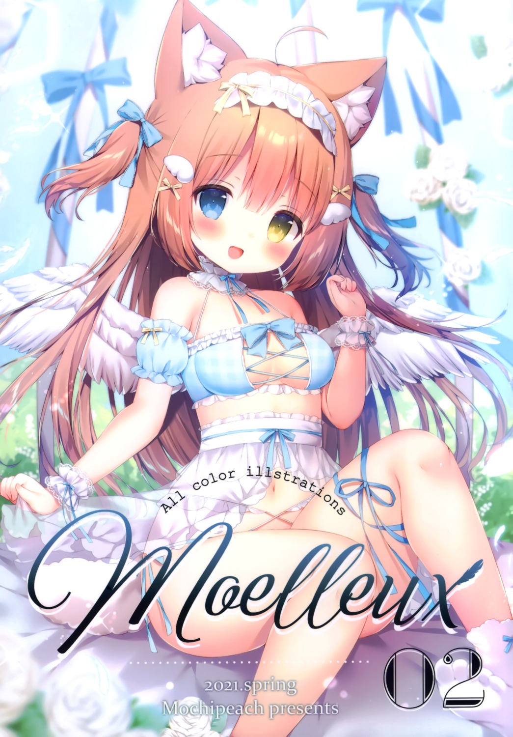 animal_ears heterochromia mochi_peach momozu_komamochi no_bra pantsu see_through skirt_lift string_panties wings