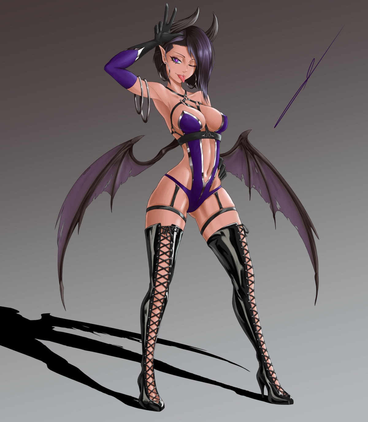 devil garter heels horns leotard pointy_ears skarj tail thighhighs wings