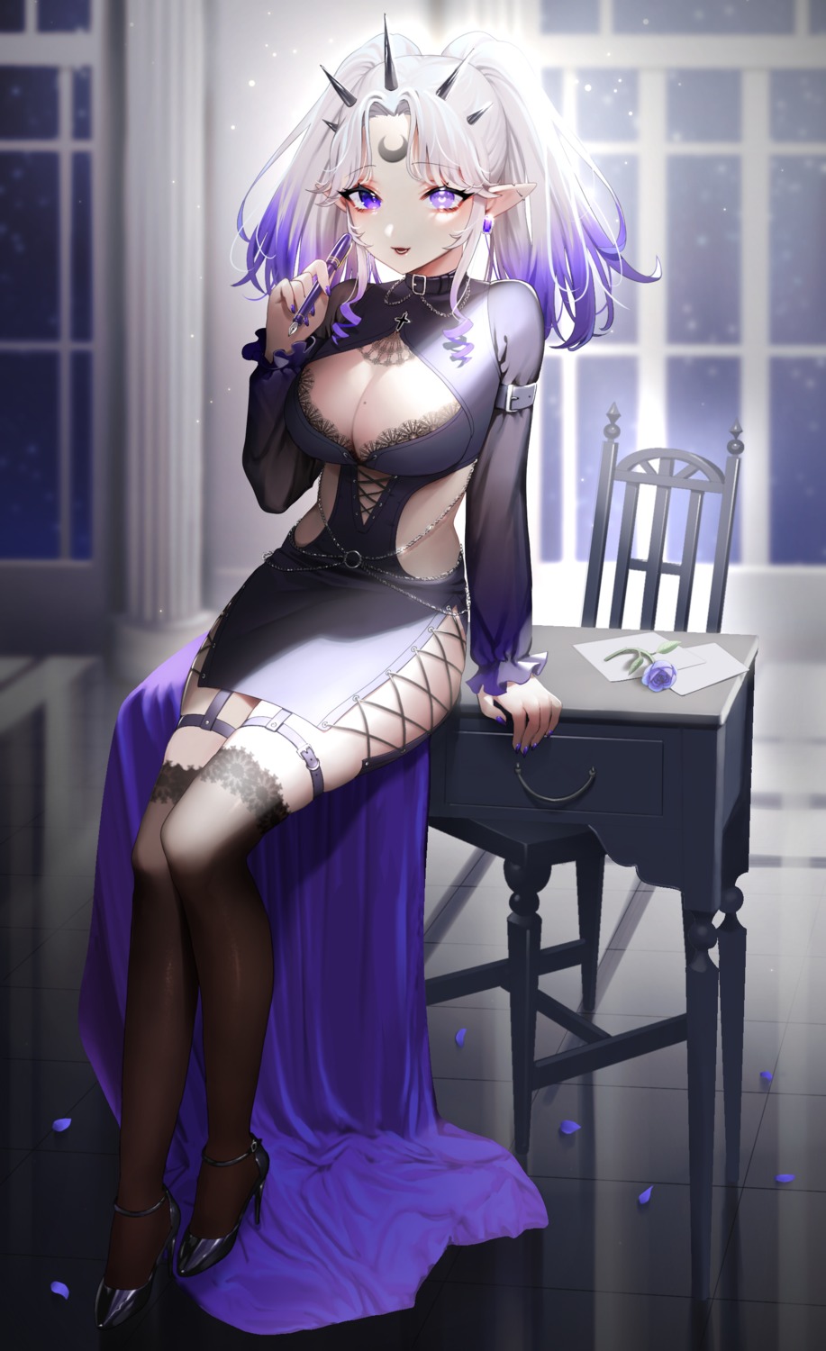 bitaro dress garter heels horns no_bra pointy_ears thighhighs