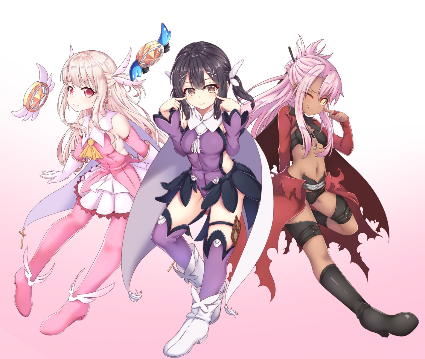 chloe_von_einzbern fate/kaleid_liner_prisma_illya fate/stay_night garter heels illyasviel_von_einzbern leotard magical_ruby magical_sapphire miyu_edelfelt thighhighs torn_clothes zongren